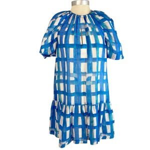 Marie Oliver Greta Dress Small Tiered Drop Waist Silk Linen Blue White Plaid